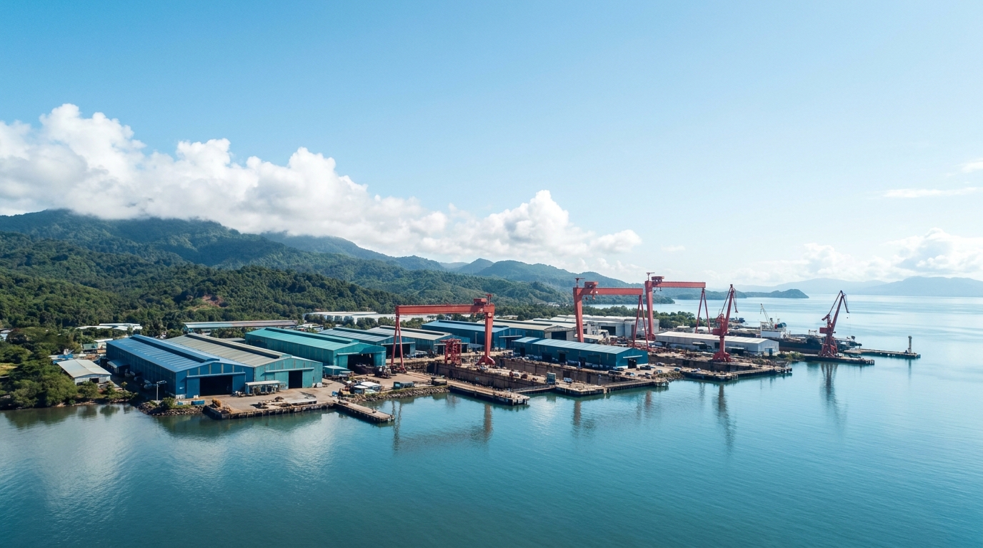 Agila Subic shipyard on Subic Bay, framed by forested mountains